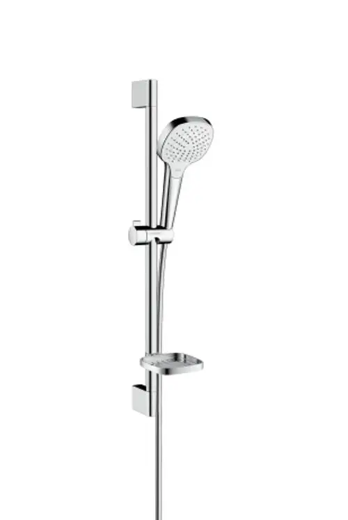 Hansgrohe Brauseset mit verstellbarer Brausestange und Seifenschale in Chrom und Weiß. Praktisches Design für die Dusche, ermöglicht einfache Handhabung.